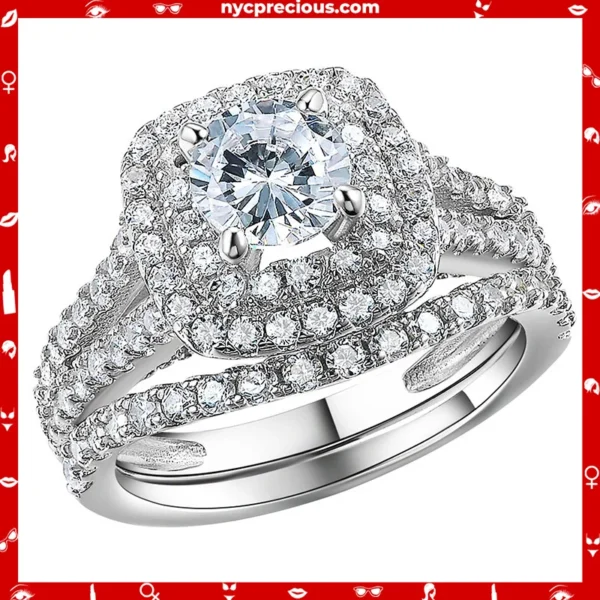 2 Pcs Double Halo Round Cut AAAAA Cz Engagement Ring