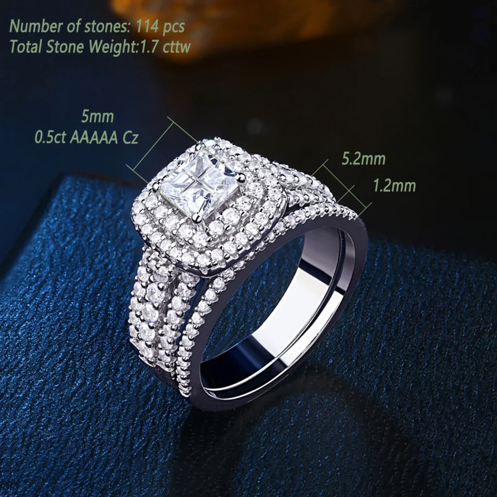 925 Sterling Silver Halo Wedding Ring Set for Women