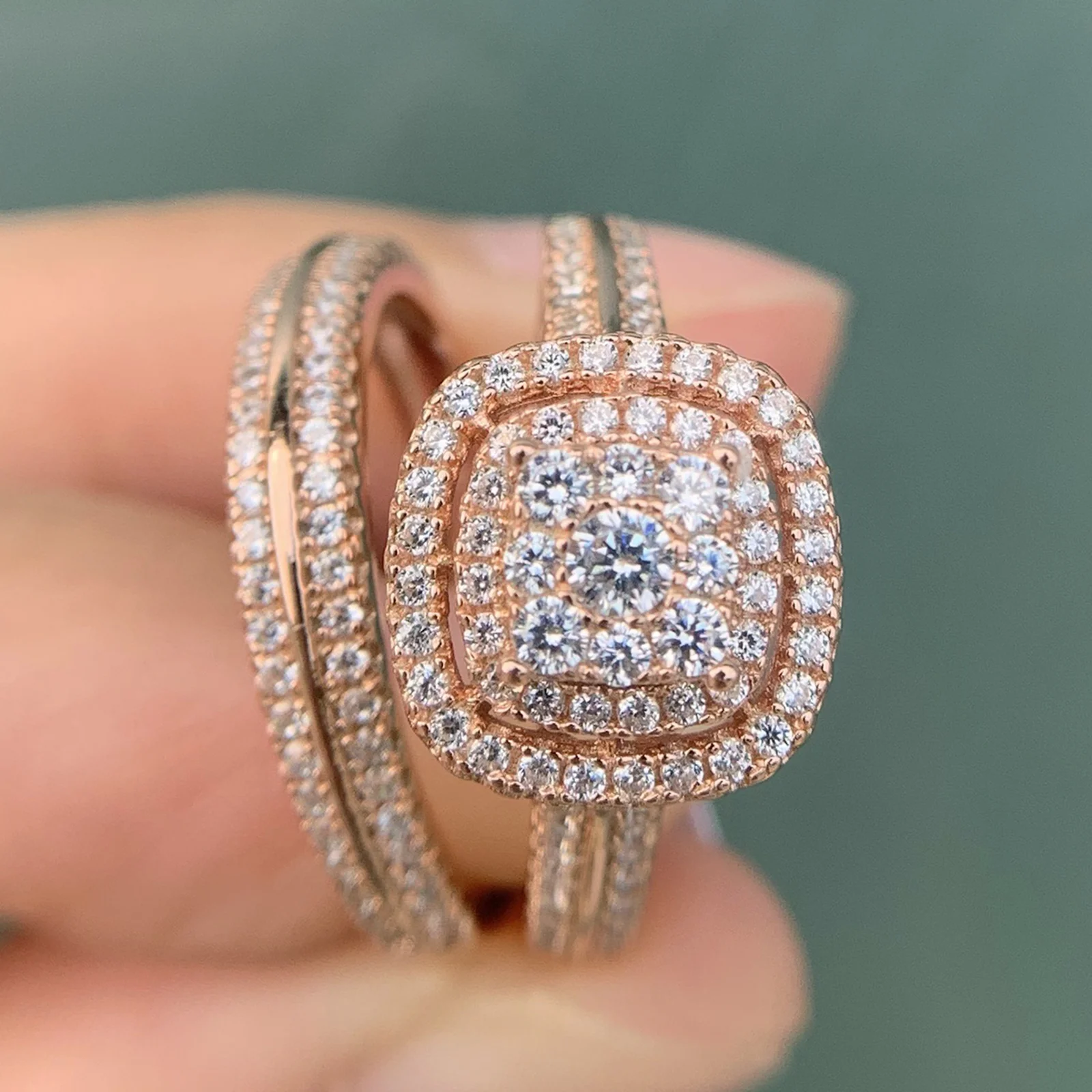 Double Halo Rose Gold 925 Silver Engagement Ring