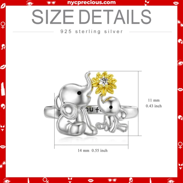 Sterling Silver Mother and Child Elephant with Sunflower Ring