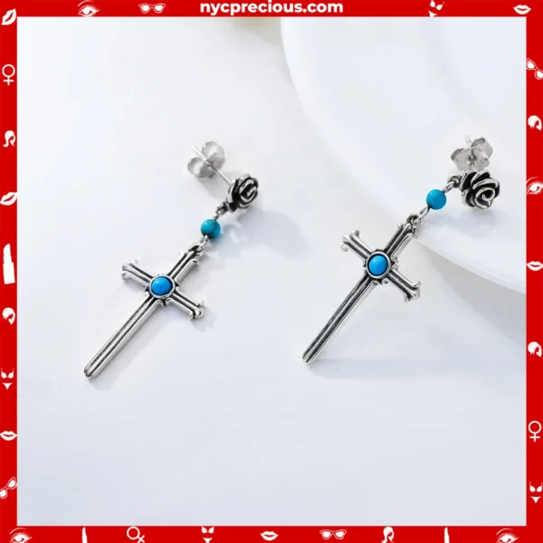 925 Sterling Silver Vintage Rose Cross Earring