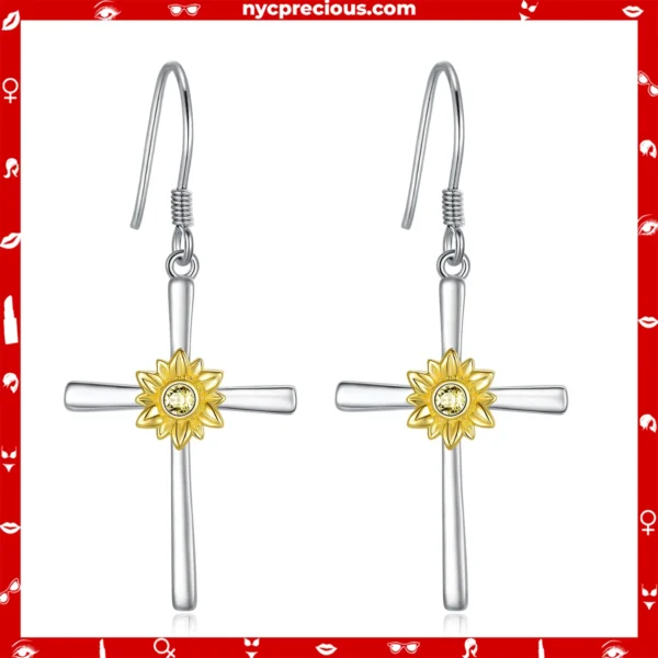 Sterling Silver Sunflower Cross Earring