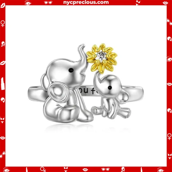 Sterling Silver Mother and Child Elephant with Sunflower Ring