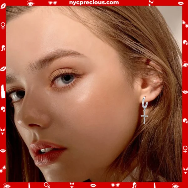 925 Sterling Silver Cross Hoop Earring