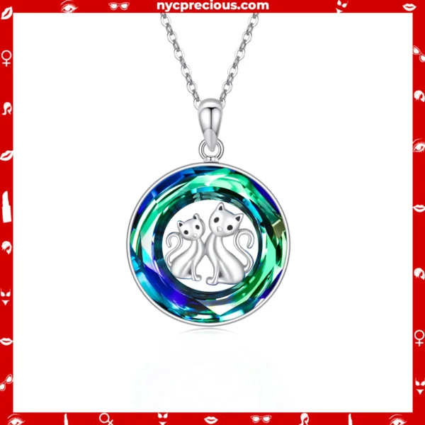 925 Sterling Silver Crystal Circle Cat Pendant Necklace