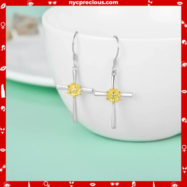 Sterling Silver Sunflower Cross Earring