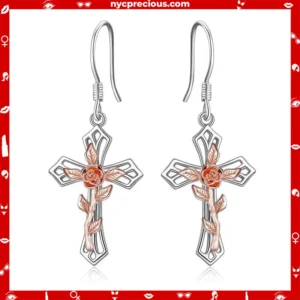 Sterling Silver Hollow Cross Earring with Rose Flower