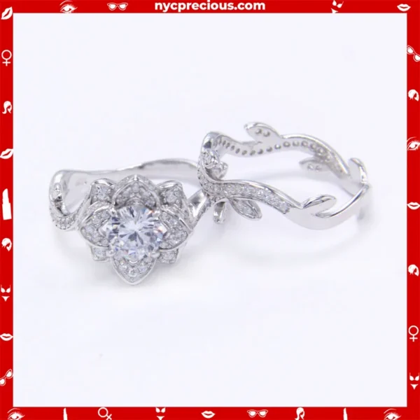 925 Sterling Silver Flower Shape Wedding Ring Set