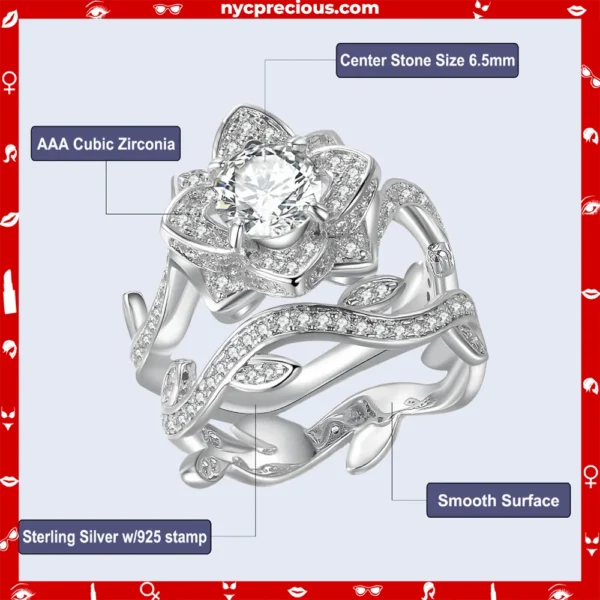 925 Sterling Silver Flower Shape Wedding Ring Set