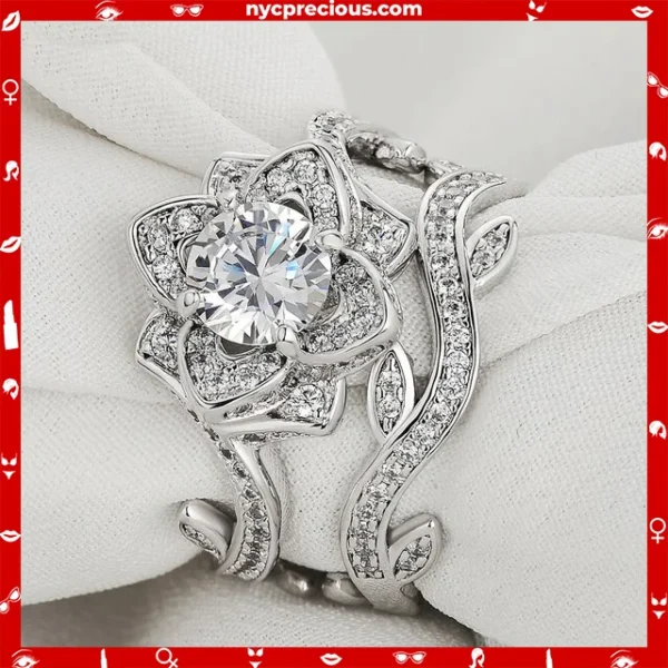 925 Sterling Silver Flower Shape Wedding Ring Set