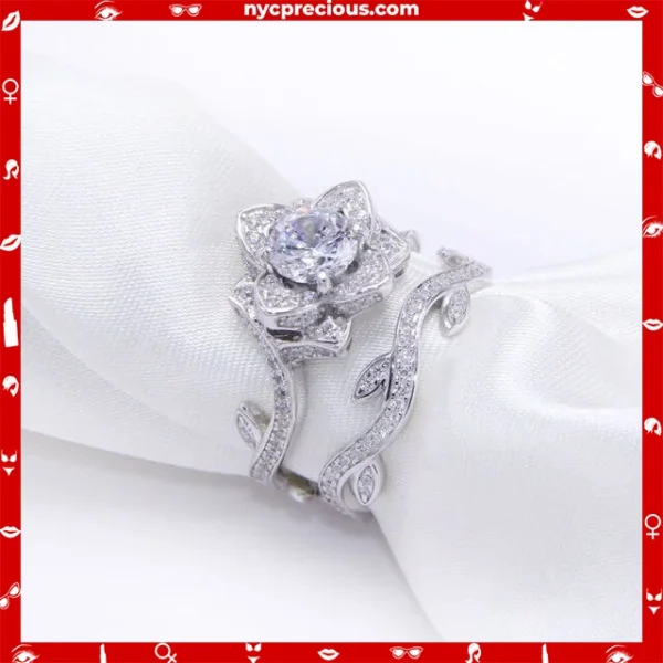 925 Sterling Silver Flower Shape Wedding Ring Set